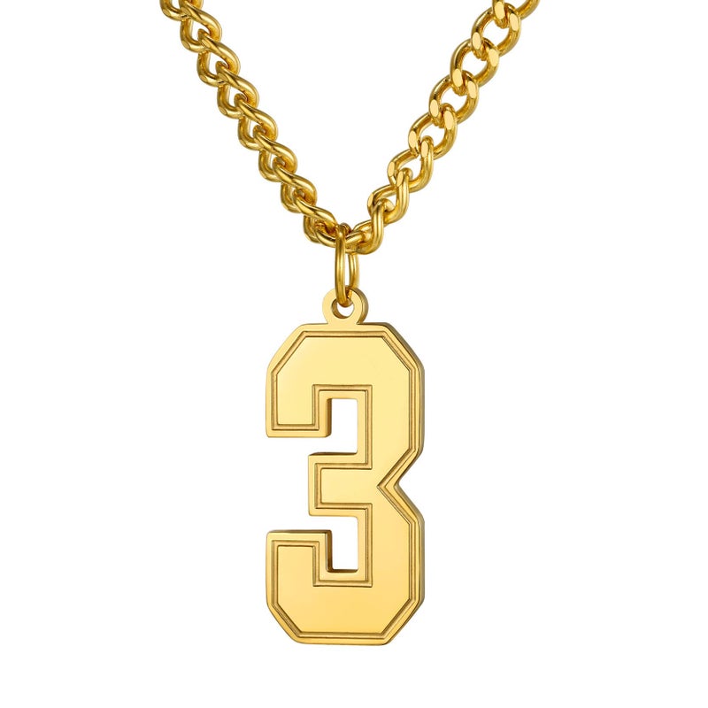 KeyStyle 18K Gold Plated Number 3 Necklace Charm Pendant with Curb Chain 22+2" Extender for Men/Women Stainless Steel Sports Jewelry - Image 1